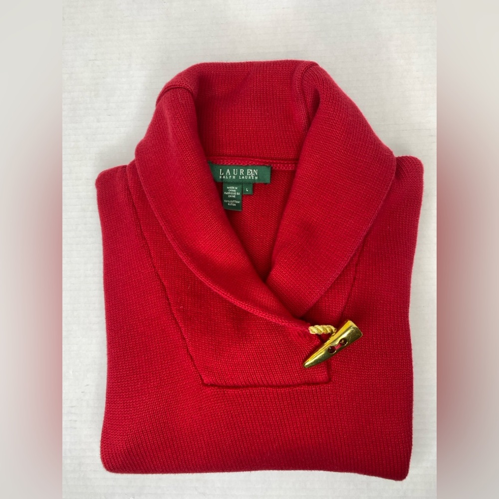 Lauren Women’s Red Shawl Collar Sweater with Gold Toggle Closure. PreOwned